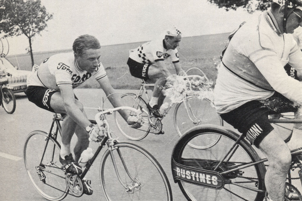 Jacques Anquetil's (Ford Hutchinson) greatest victory was the 1965 Bordeaux Paris, seen here with rival Tom Simpson (Peugeot BP).