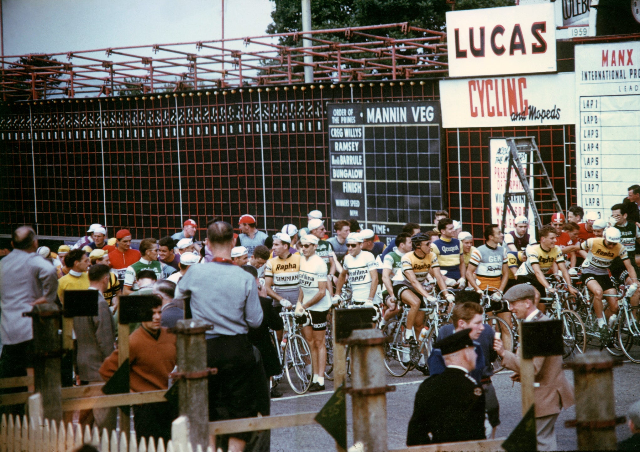 The start of the 1959 Manx Premier, Coppi centre, Anquetil in green on left.