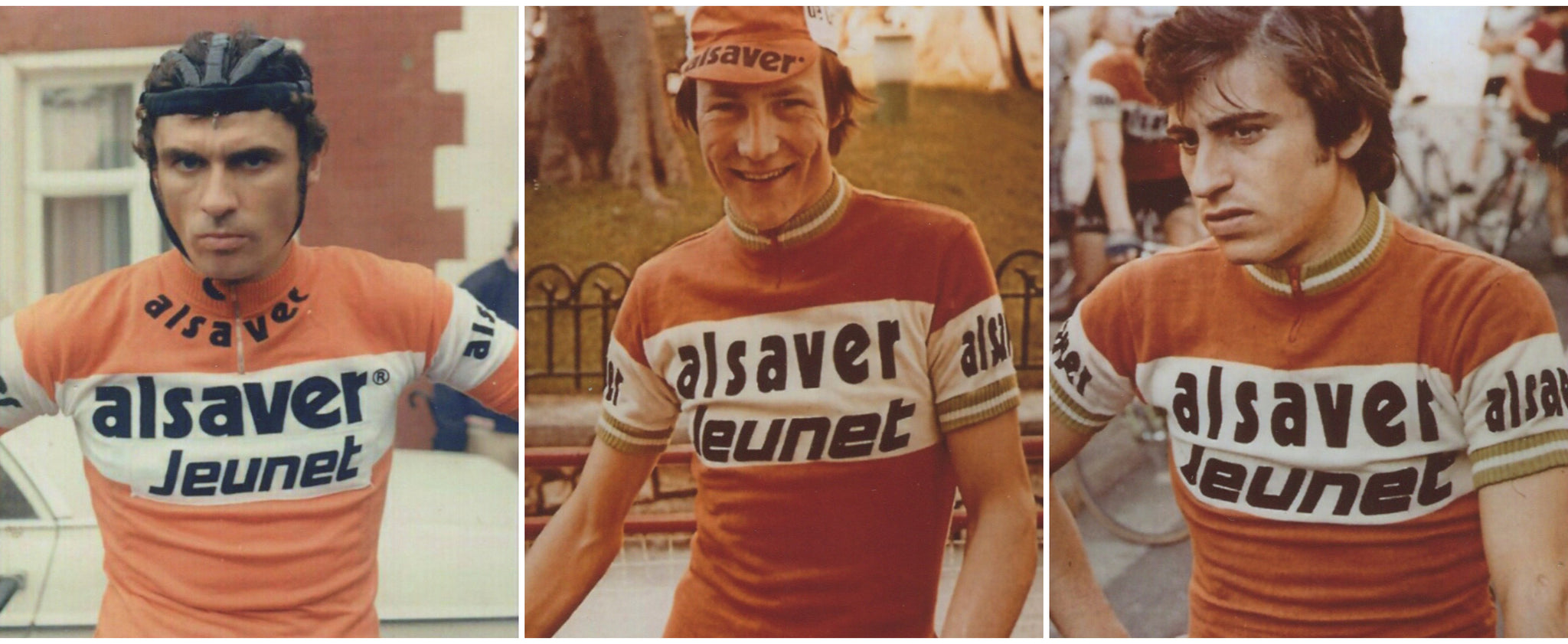 Alsaver Jeunet 1975 Cycling team members: Y. Benaets, M. Laurent and A. Gutierrez.