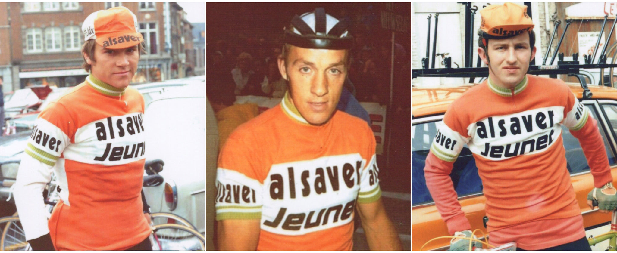 Alsaver Jeunet 1975 Cycling team members: G. Maignon, Eric Leman, F. Van Vlierberghe.