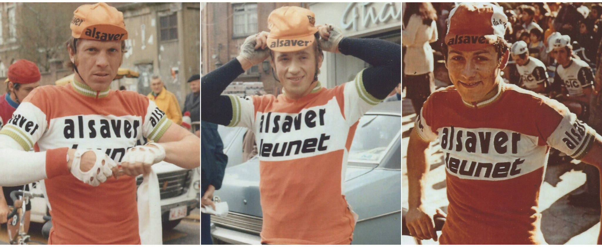 Alsaver Jeunet 1975 Cycling team members: G. Van Roosbroeck, T. Gakens and H. Mathis.