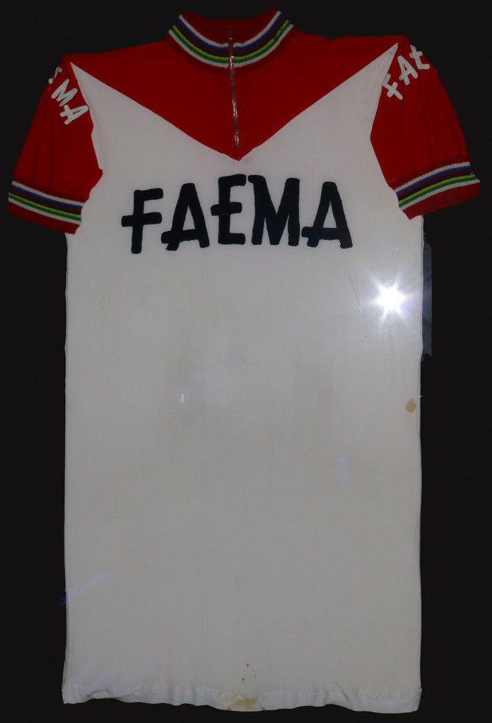 Eddy Merckx’s 1968 Faema six day jersey with world championship bands on the collars / cuffs.