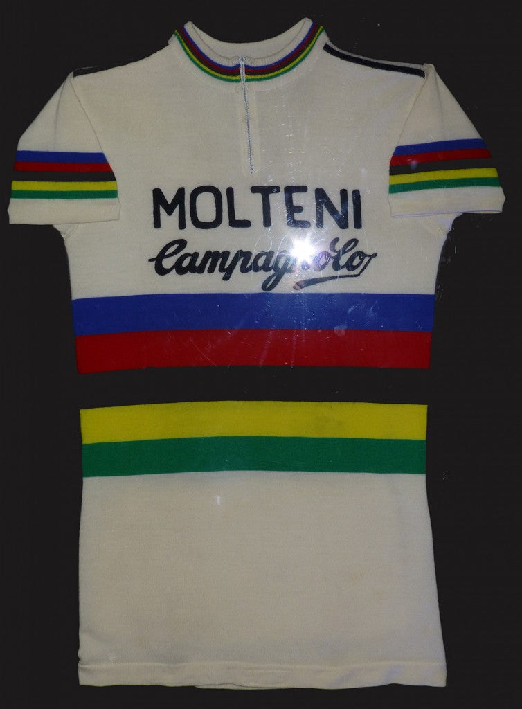 Eddy Merckx’s 1974 world champion jersey with Molteni-Campagnolo logos that he wore at Liege-Bastogne-Liege in 1975.
