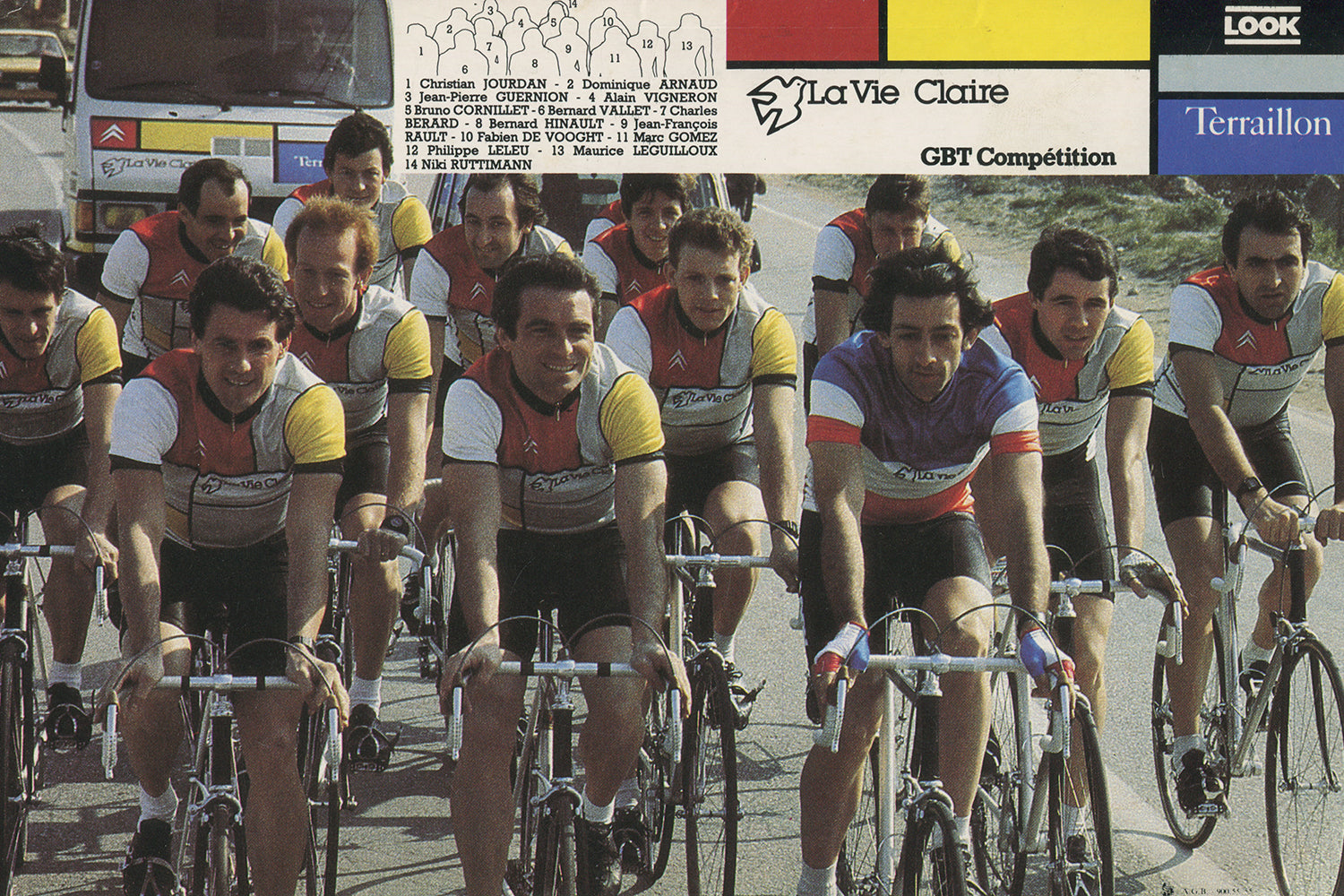 La Vie Claire cycling team was launched in 1984 with Bernard Hinault and Marc Gomez as team leaders.