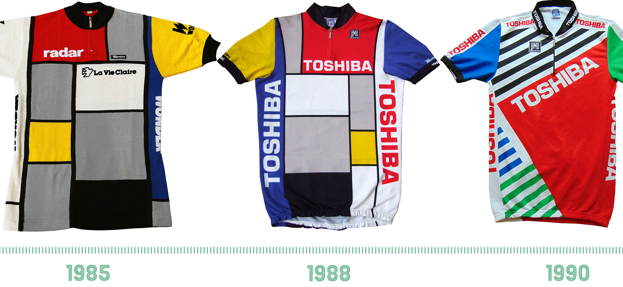 The La Vie Claire jersey of 1985, Toshiba jersey of 1988 and the Toshiba jersey of 1990.