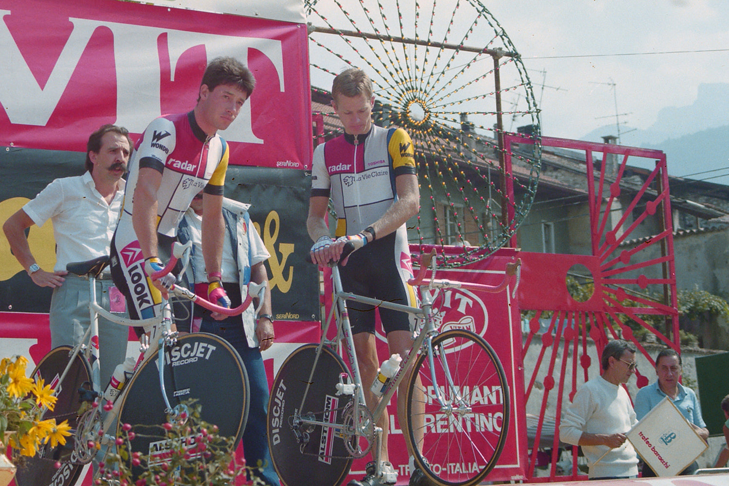 Teammates Jean Francois Bernard and Kim Andersen (La Vie Claire - Wonder - Radar) prepare for the start of the 1985 Trofeo Barracchi at Borgo Valsugana, Italy.