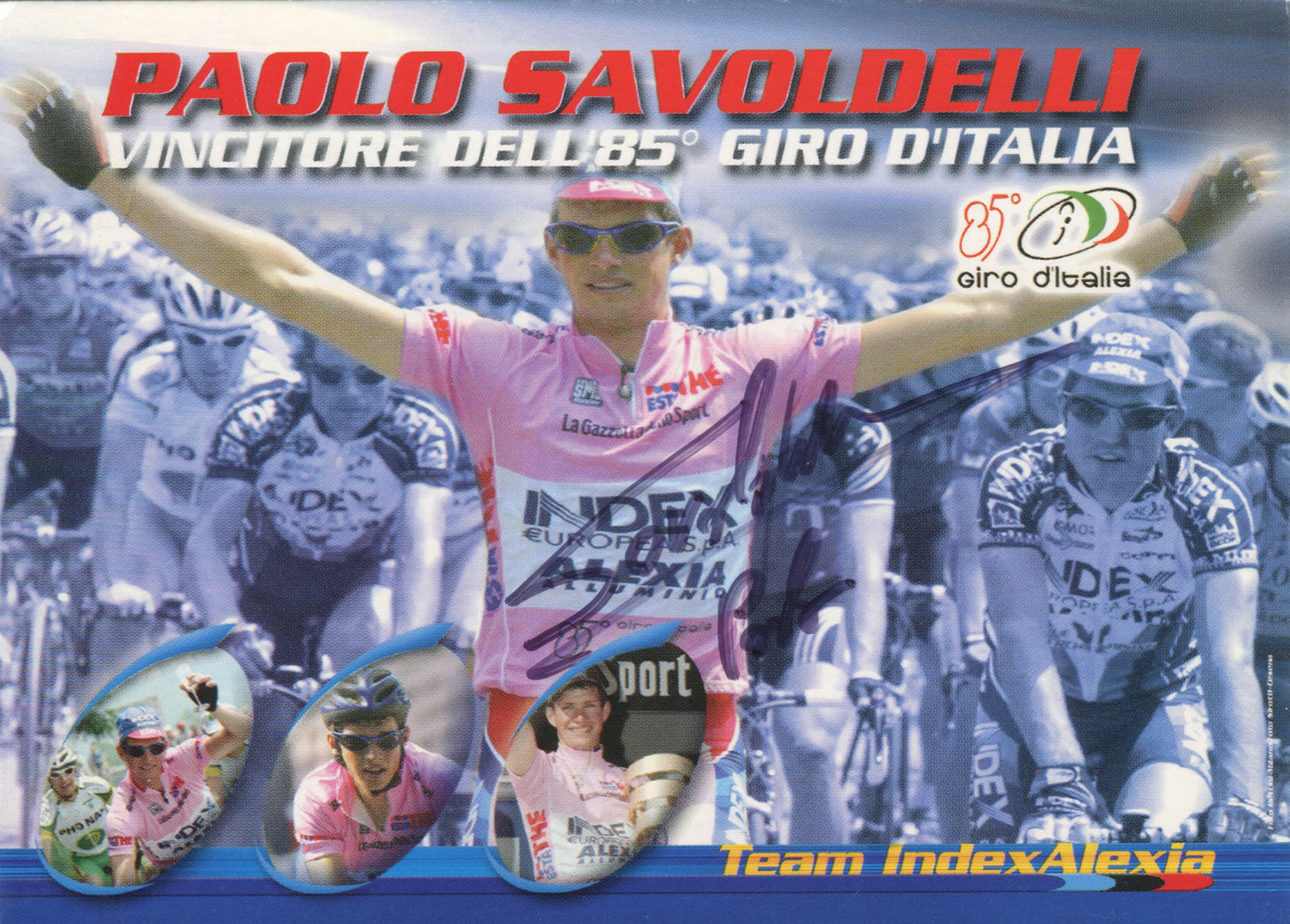 This signed postcard celebrates Paolo Savoldelli winning the 85th edition of the Giro D'Italia in 2002.