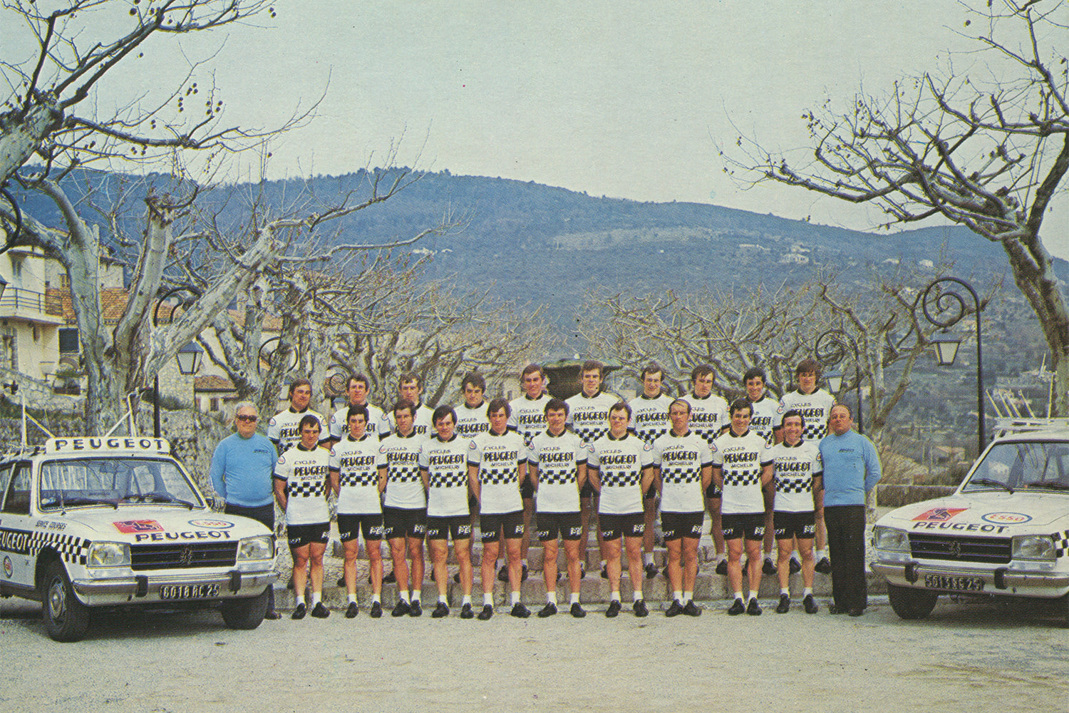 The Peugeot Esso cycling team postcard from the 1978 season with Bernard Thevenet, Gilbert Duclos-Lasalle, Jean-Luc Vandenbroucke, Guy Sibille, Patrick Beon, Jacques Esclassan et al.