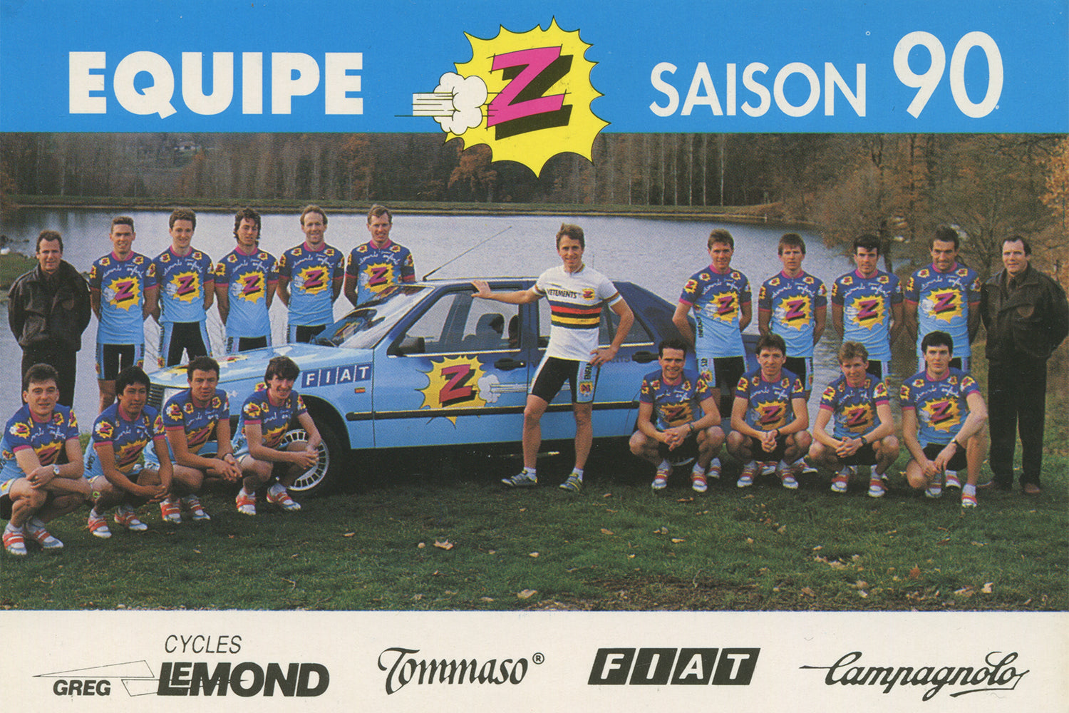 Equipe Vêtements Z-Peugeot Cycling Team postcard from 1990 with world champion Greg Lemond in the centre in his rainbow jersey.