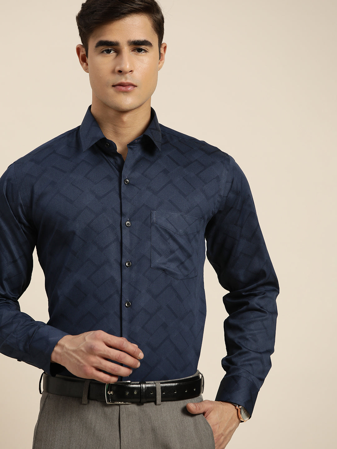 Men Navy Print Pure Cotton Slim fit Formal Shirt