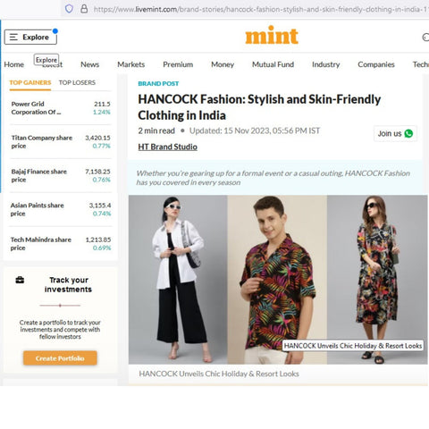 Celebrating Style and Comfort: Hancock Fashion's Skin-Friendly Clothing in India Featured on Live Mint
