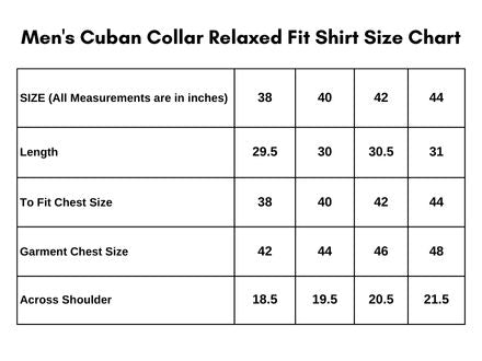 Men's Cuban Collar Relaxed Fit Shirt Size Chart