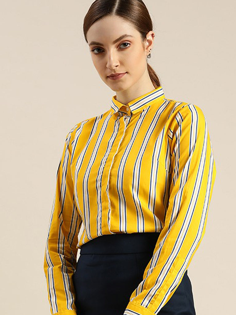 Hancock Women Yellow Striped Pure Cotton Slim Fit Formal Shirt
