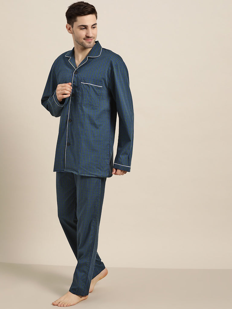 Hancock Men Navy-Green Checks Pure Cotton Regular Fit Night Wear Night