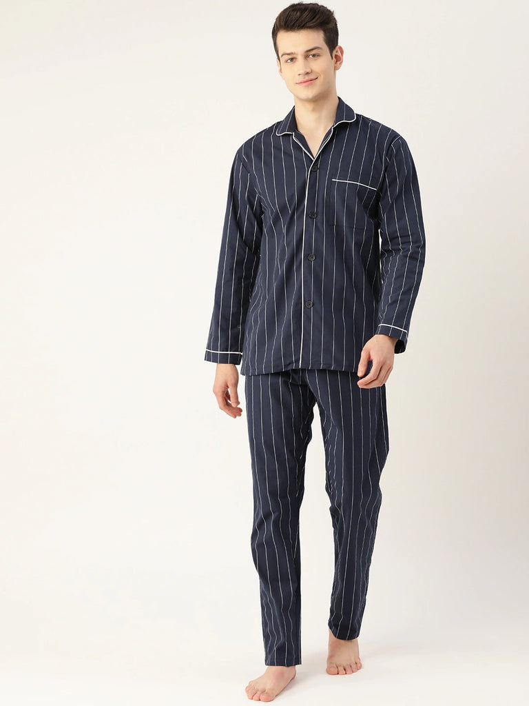 Hancock Men Navy Stripes Pure Cotton Regular Fit Night Wear ...