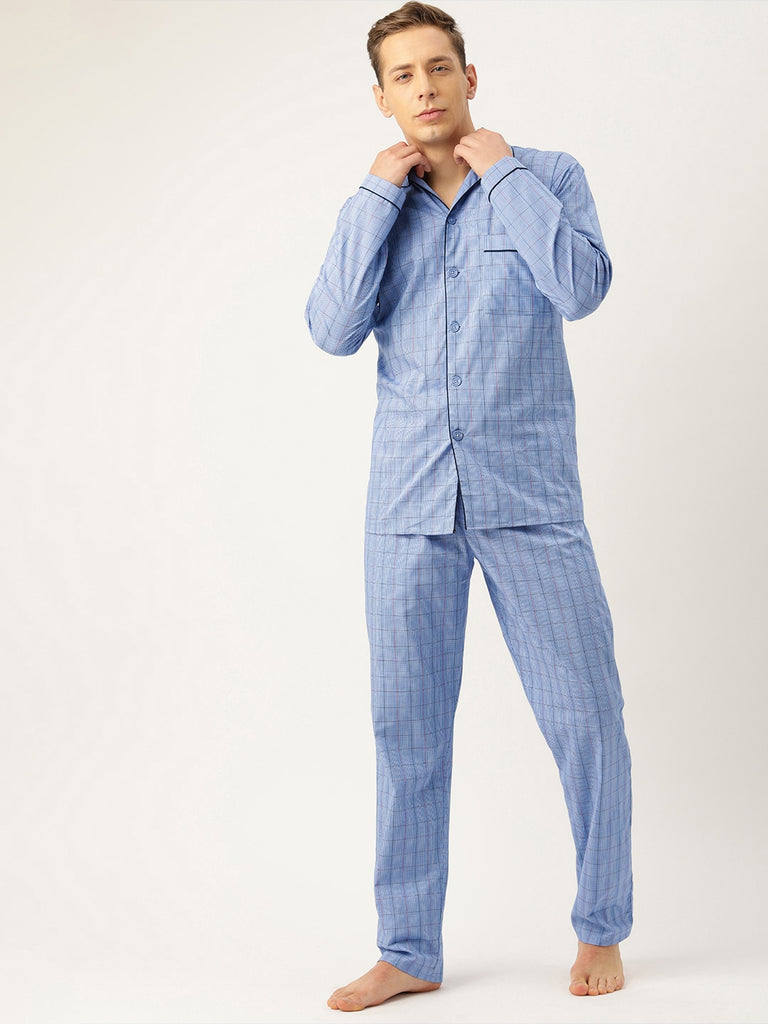 Hancock Men Blue Checks Pure Cotton Regular Fit Night Wear ...