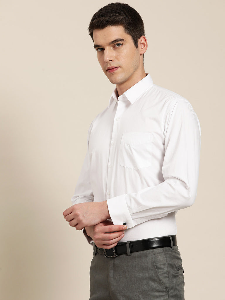 Hancock Men White Solid Slim Fit Pure Cotton French Cuff Formal Shirt