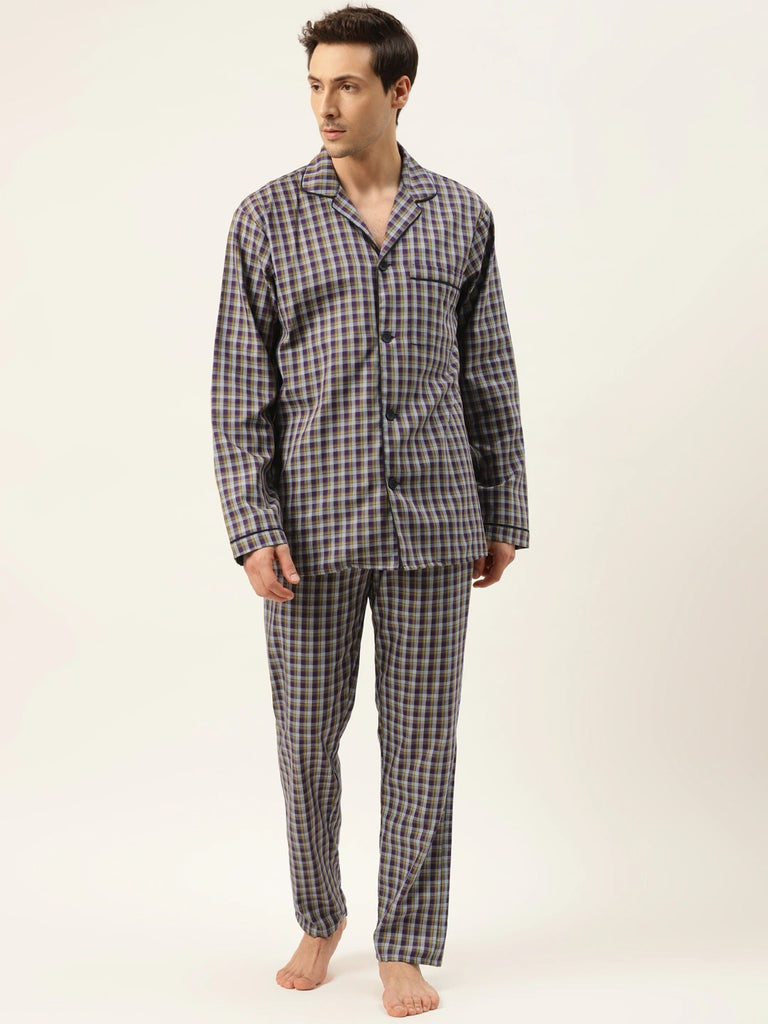 Hancock Men Purple Checks Pure Cotton Regular Fit Night Wear Night Sui