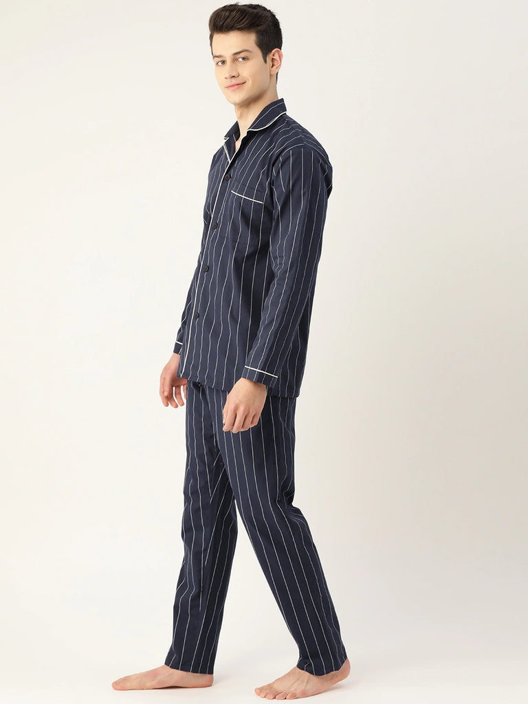 Hancock Men Navy Stripes Pure Cotton Regular Fit Night Wear Night Suit