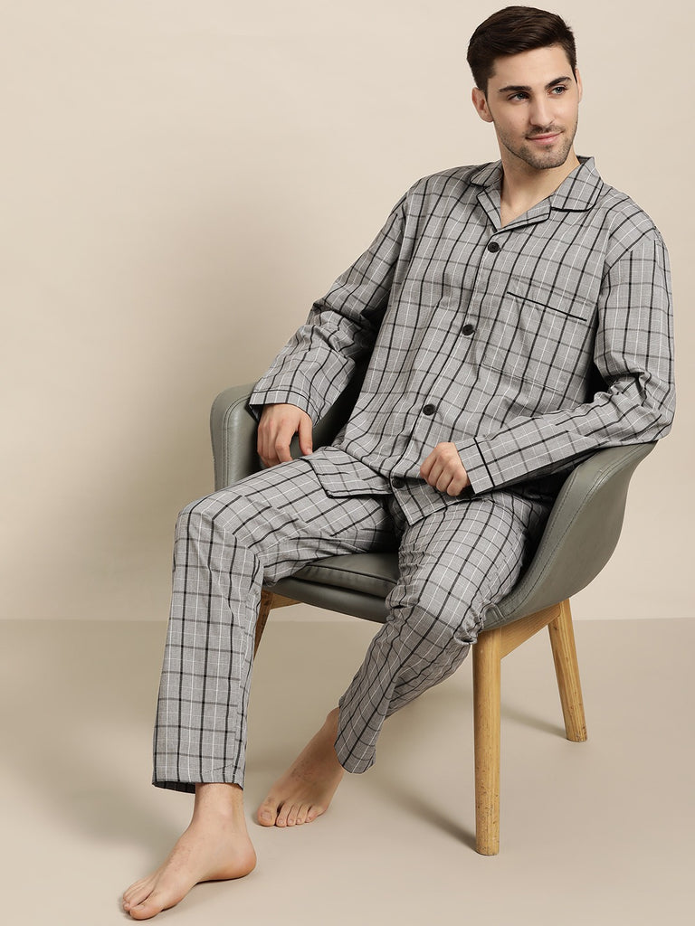 Hancock Men Grey Checks Pure Cotton Regular Fit Night Wear Night Suit