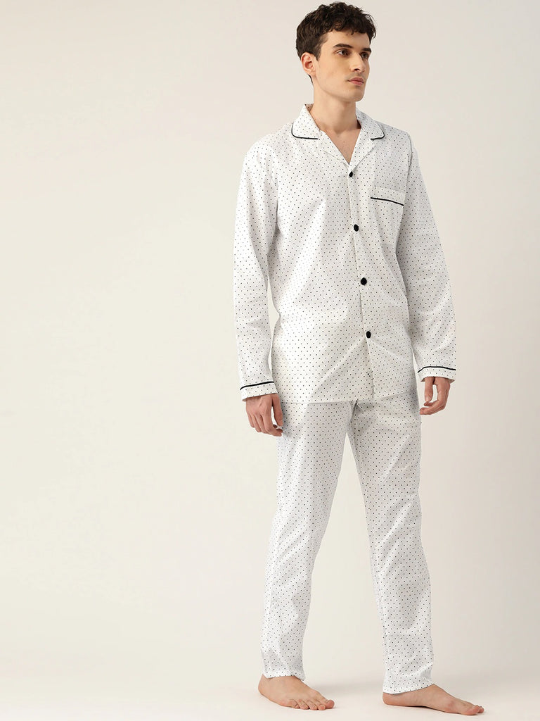 Hancock Men White Micro Dot Printed Pure Cotton Regular Fit Night Wear