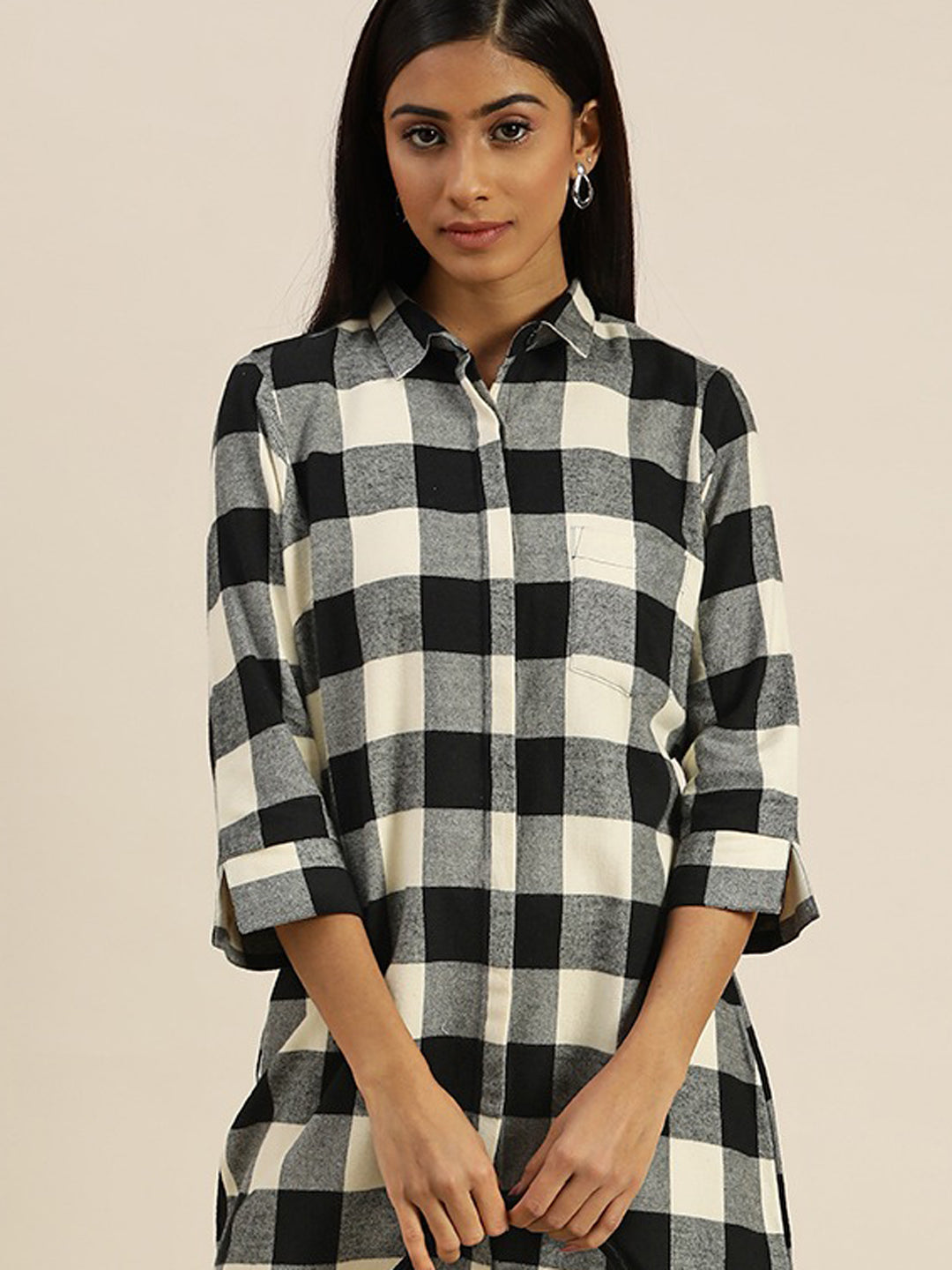 Women Blue-Black Checks Pure Dress Fit Regular Cotton Formal