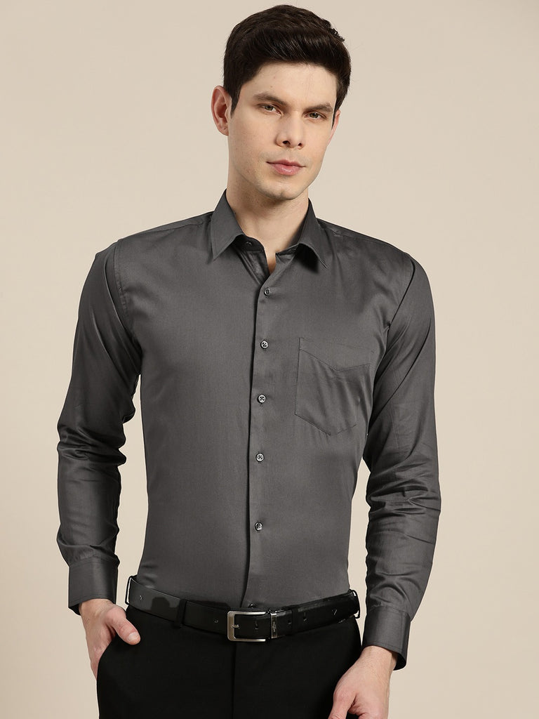 Hancock Men Dark Grey Solid Pure Cotton Satin Slim Fit Formal Shirt