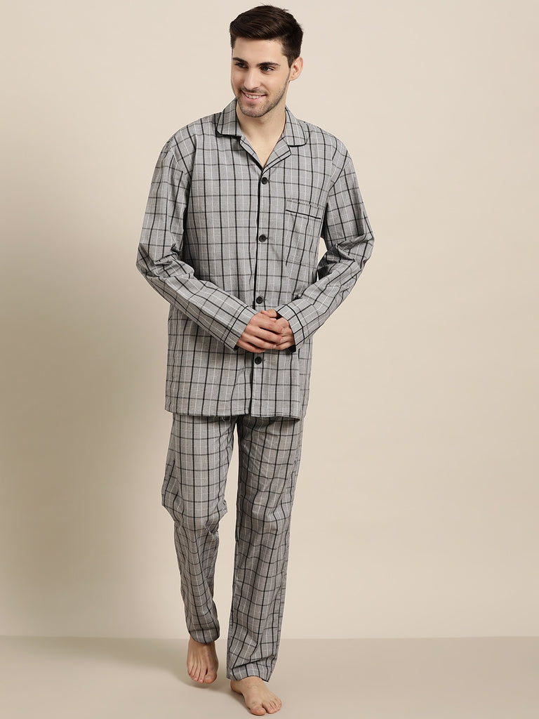 Hancock Men Grey Checks Pure Cotton Regular Fit Night Wear ...