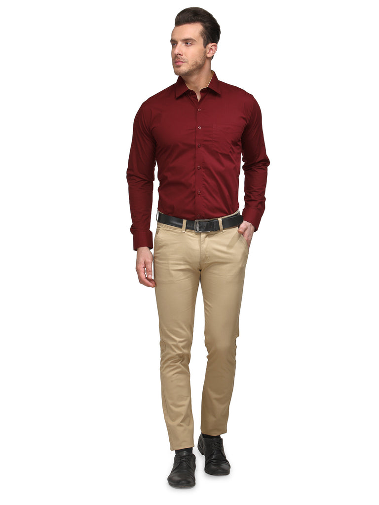 maroon shirt with off white pants