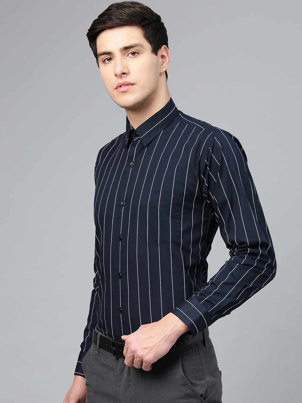 Men Navy Blue Slim Fit Striped Formal Shirt - Putra