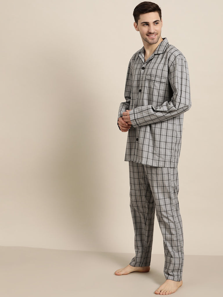 Hancock Men Grey Checks Pure Cotton Regular Fit Night Wear Night Suit