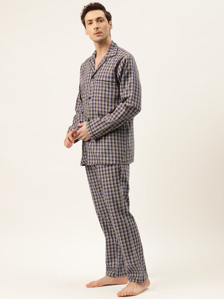 Hancock Men Purple Checks Pure Cotton Regular Fit Night Wear Night Sui