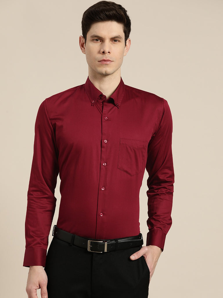 Hancock Men Maroon Solid Satin Pure Cotton Slim Fit Formal Shirt