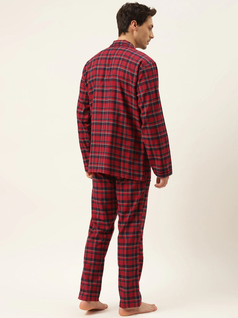 Hancock Men Red & Navy Checks Pure Cotton Regular Fit Night Wear Night