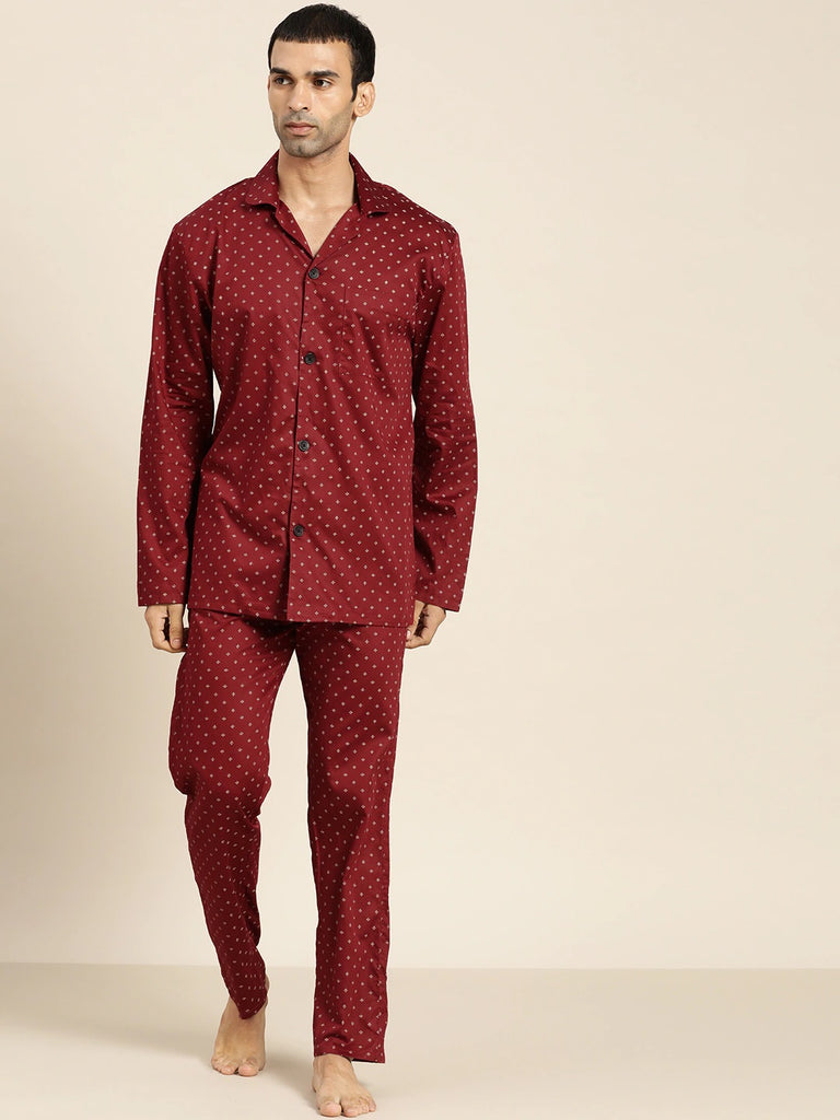 Hancock Men Maroon Prints Pure Cotton Regular Fit Night Wear Night Sui