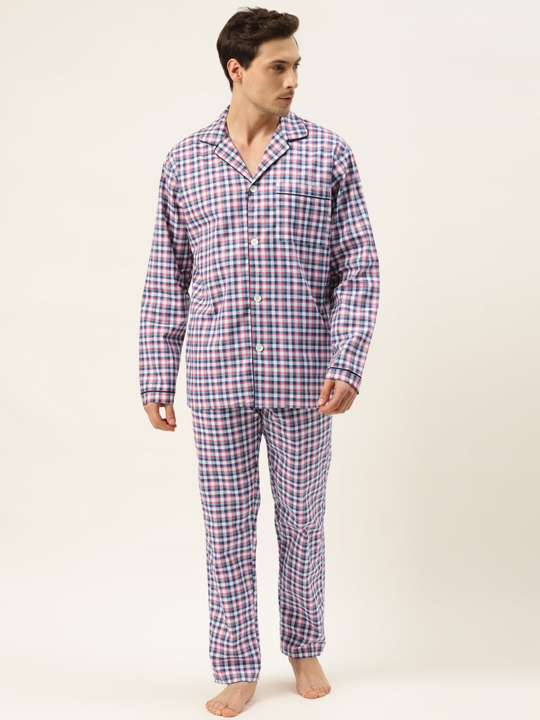 Hancock Men Blue-Pink Checks Pure Cotton Regular Fit Night Wear ...