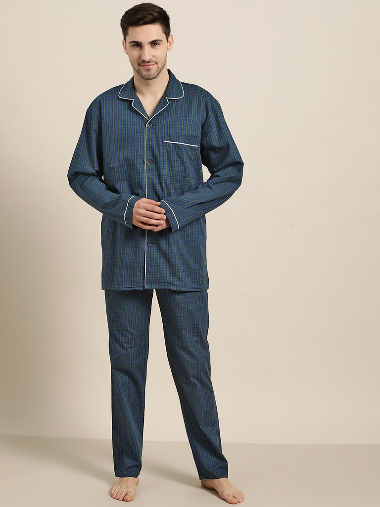 Hancock Men Navy-Green Checks Pure Cotton Regular Fit Night Wear Night