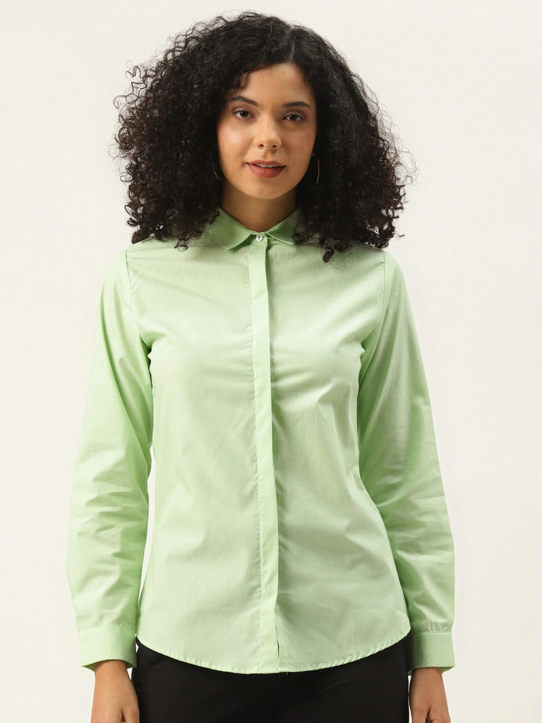 Hancock Women Light Green Solids Pure Cotton Slim Fit Formal Shirt