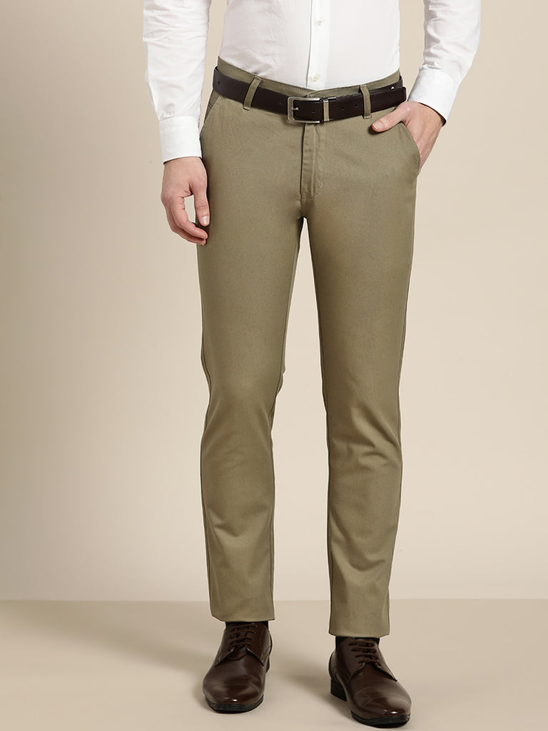 Hancock Men Khaki Solids Pure Cotton Slim Fit Formal Trouser