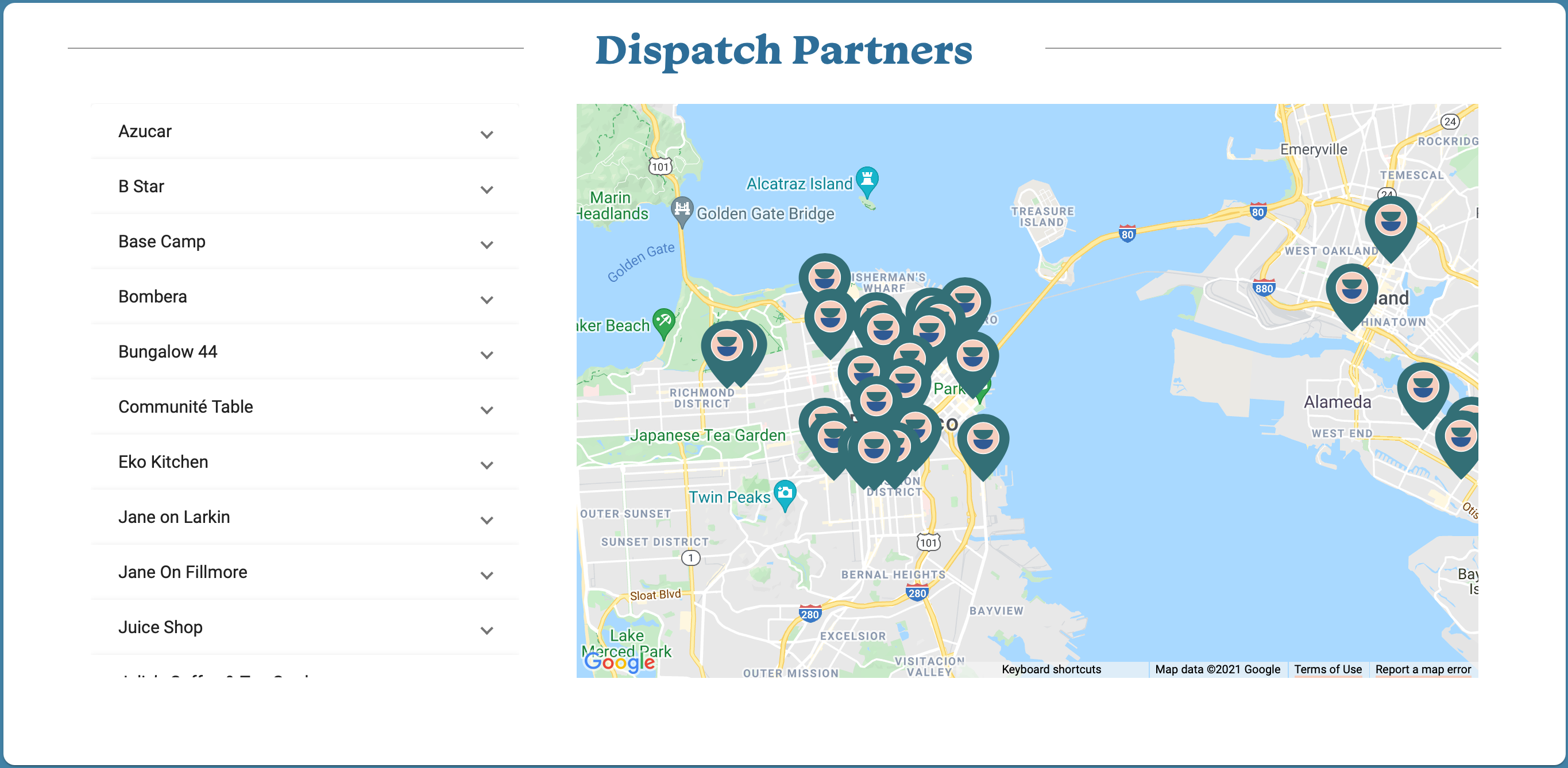 Dispatch Goods website map of partner restaurants 