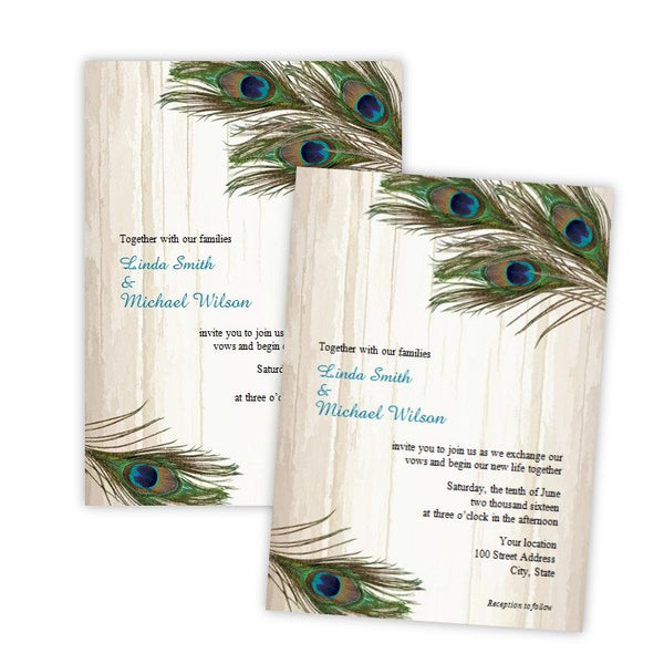 Peacock Feathers on Wood Wedding Invitation Template – .'s Prints