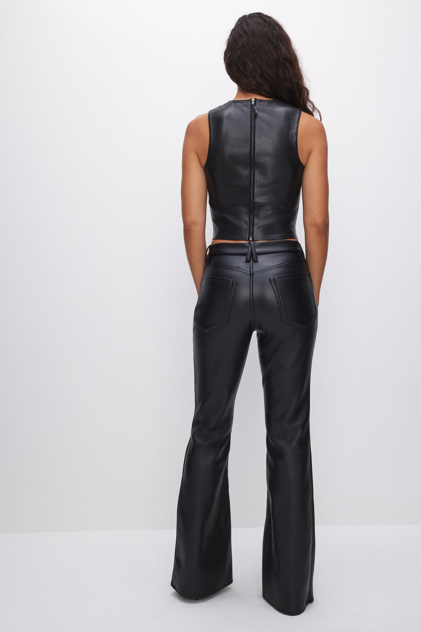 GOOD LEGS FLARE FAUX LEATHER PANTS | BLACK001 View 3 - model: Size 0 |