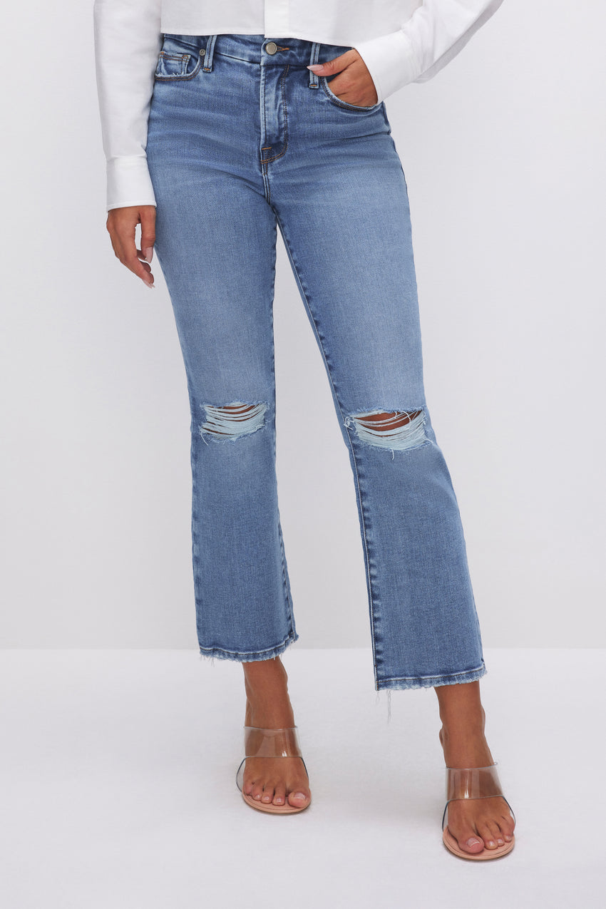 SOFT-TECH GOOD LEGS CROPPED MINI BOOT JEANS | INDIGO521 View 2 - model: Size 0 |