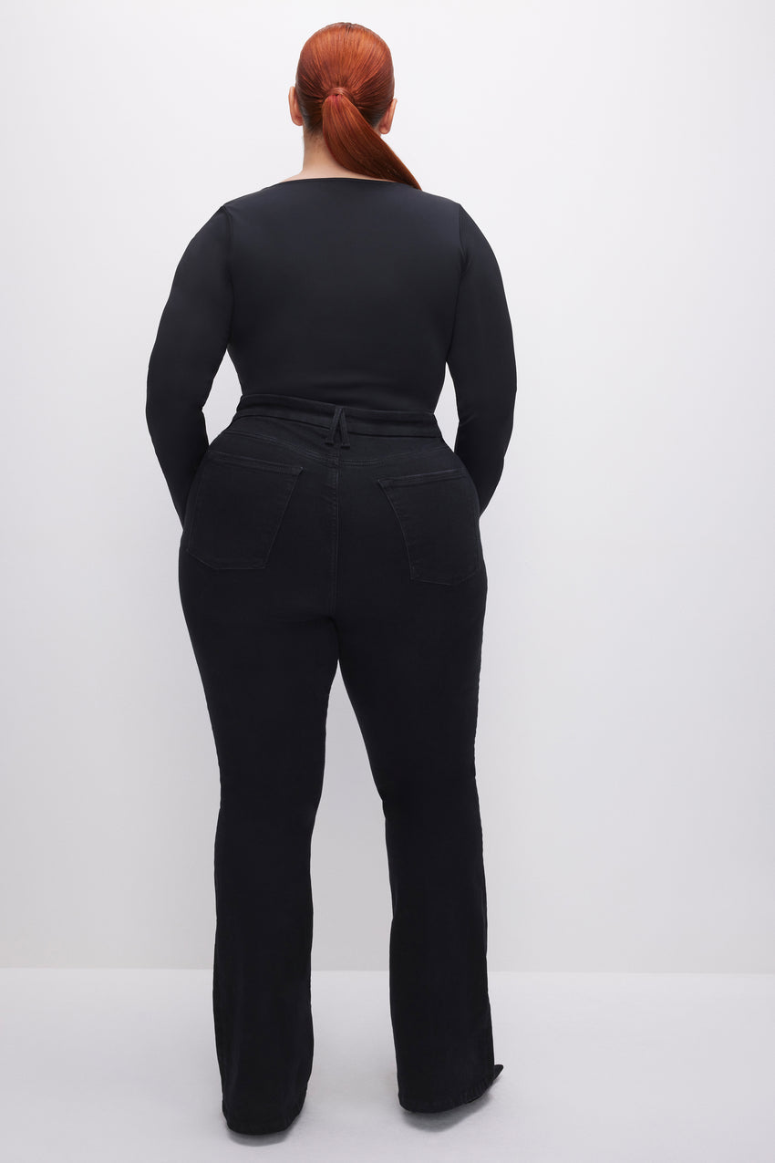 POWER STRETCH PULL-ON FLARE JEANS | BLACK001 View 9 - model: Size 16 |