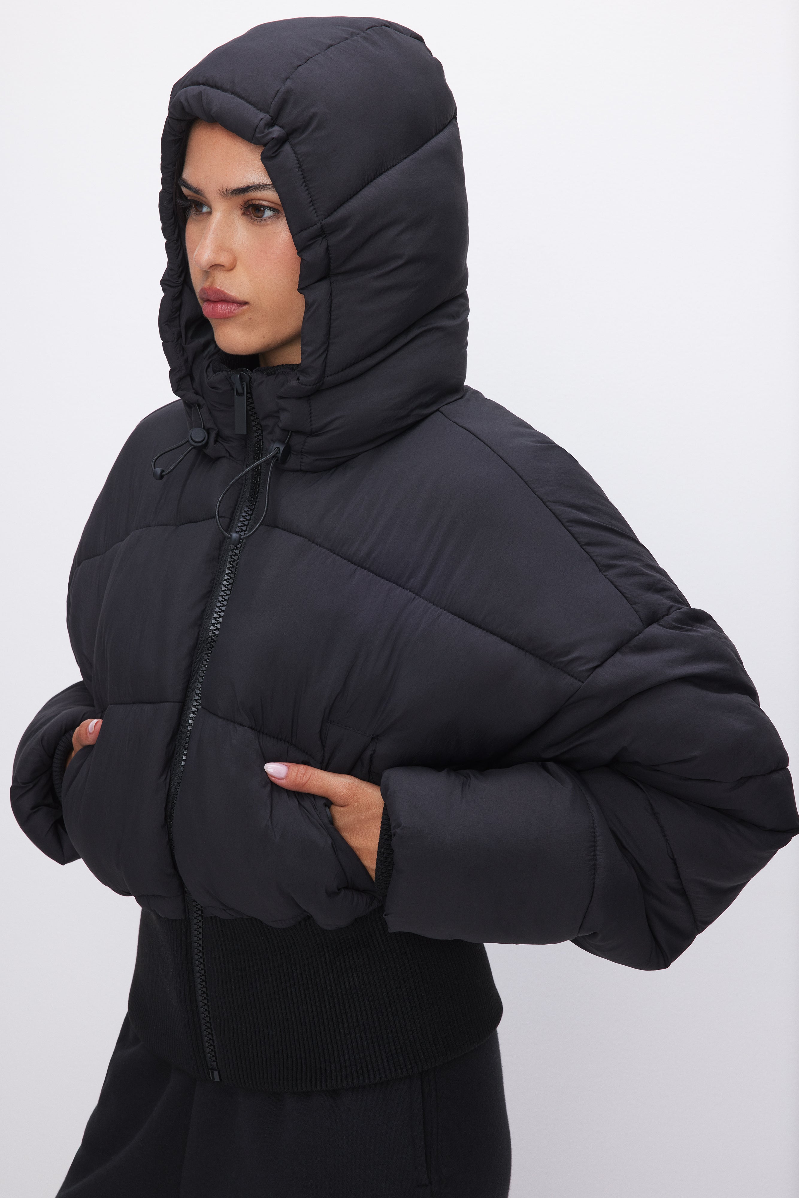 Luxe Black Cropped Puffer Jacket – GOODFORNOTHING®