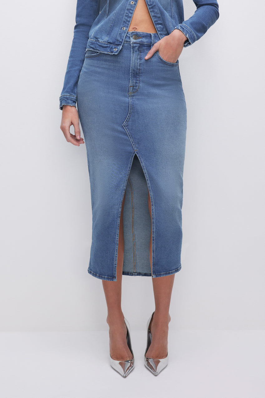 DENIM LIGHT COMPRESSION SLIT MIDI SKIRT | BLUE691 View 7 - model: Size 0 |