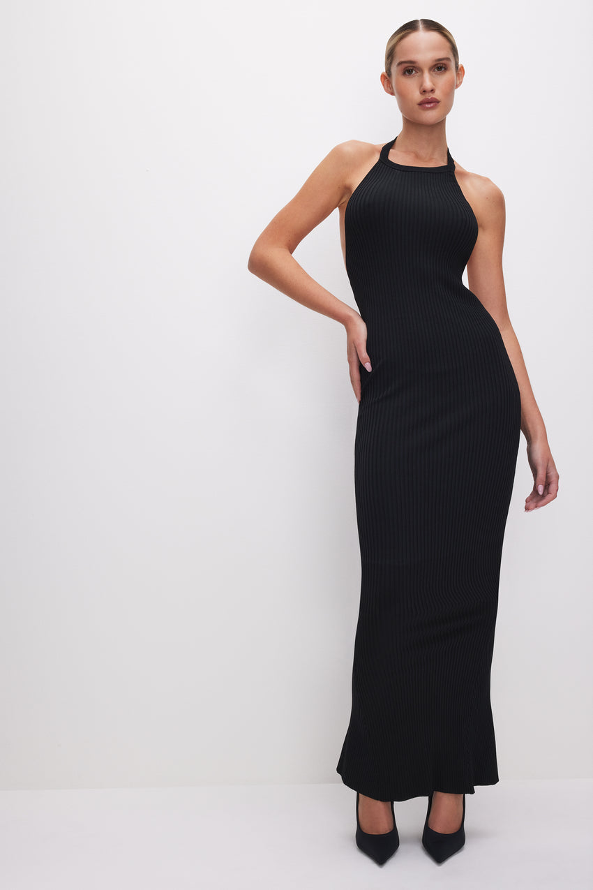 STRETCH RIB MAXI HALTER DRESS | BLACK001 View 2 - model: Size 0 |