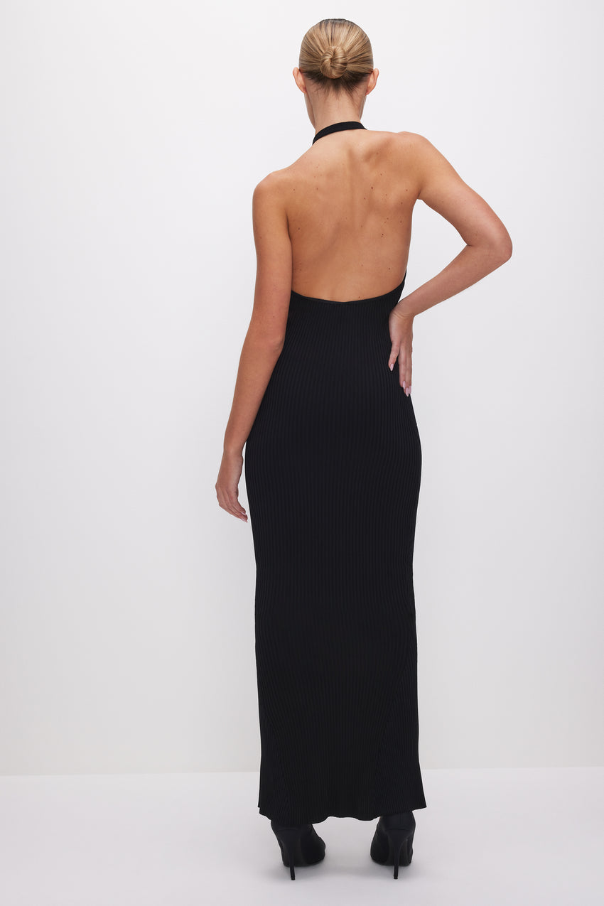 STRETCH RIB MAXI HALTER DRESS | BLACK001 View 3 - model: Size 0 |