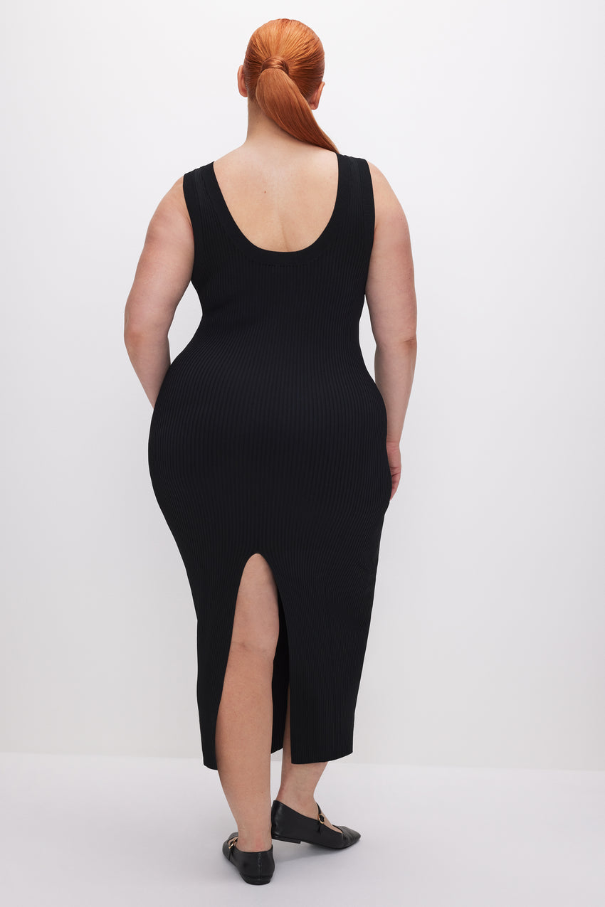 STRETCH RIB SCOOP BACK MIDI DRESS | BLACK001 View 5 - model: Size 16 |