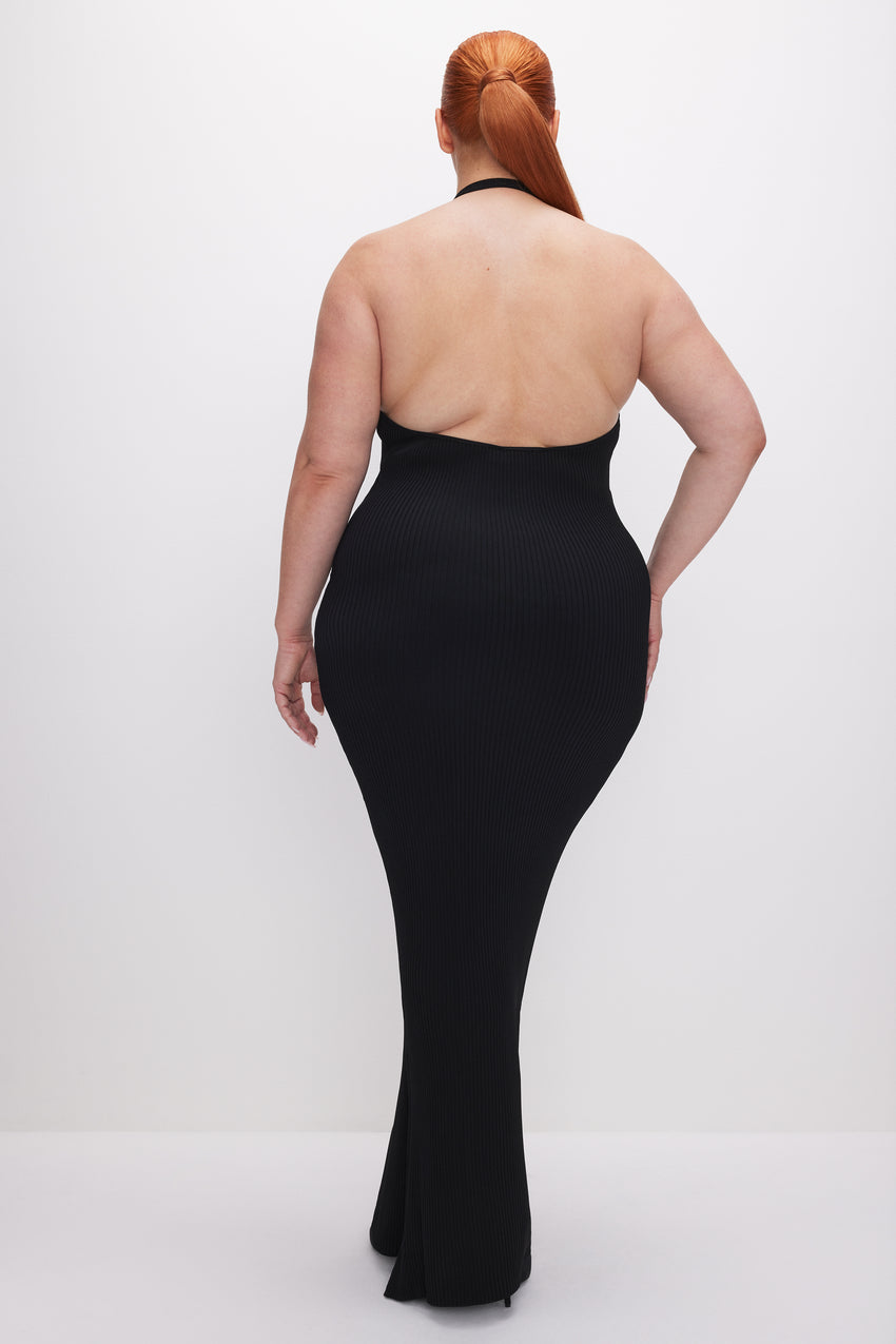STRETCH RIB MAXI HALTER DRESS | BLACK001 View 7 - model: Size 16 |